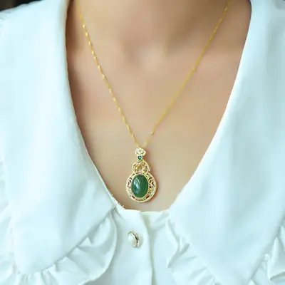 Hetian Jade Jasper Pendant Gold Plated Green