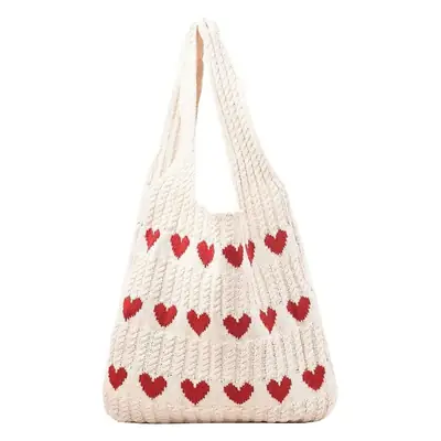 Green Heart Print Knitted Women's Shoulder Bag