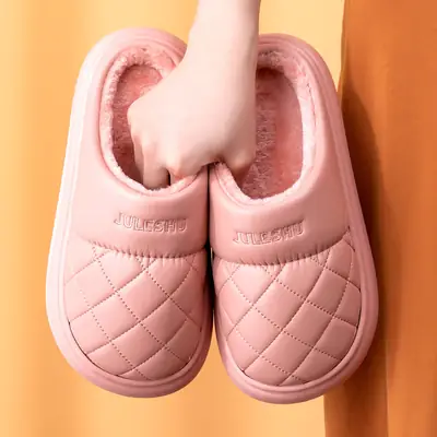Waterproof Cotton Slippers for Women in Autumn and Winter, Indoor Home Leather-Covered Warm Non-Slip Thick-Soled Household Slippers with a Soft Cushioning Feel for Winter