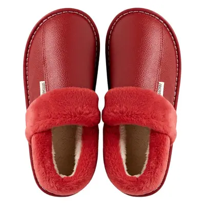 Waterproof Cotton Slippers Women's Autumn and Winter Bag Heel Indoor Home Thickened Warm Non-slip Leather Slippers Cowhide Thick Bottom Household
