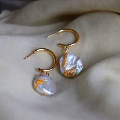 Vintage Pearl Earrings Gold Foil Button