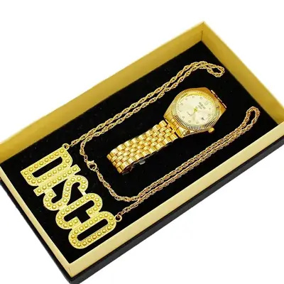 Golden Gold Plated Men's Watch with Necklace Set