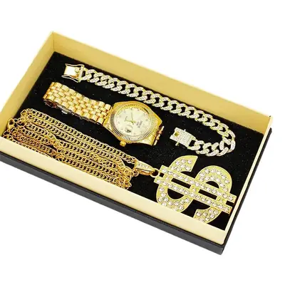 Gold Diamond Watch Set European American Diamond Bracelet Large Necklace Party Hip-Hop Stage Jewelry Set Wristwatch