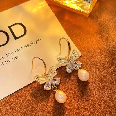 18K Gold Plated Butterfly Pearl Earrings for Women