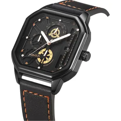 Men's Quartz Watch with Gold Plated Case and Leather Strap