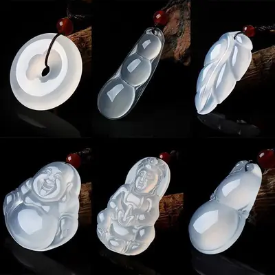 Moonlight White Agate Pendant with Guanyin Buddha Design