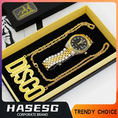 European & American Men's Quartz Watch with Disco Necklace Set