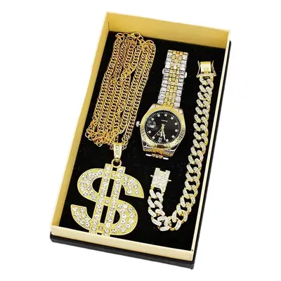 Men's Gold Diamond Watch Set with Bracelet & Necklace
