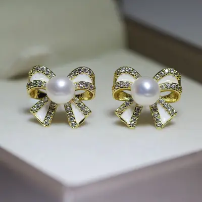 S925 Silver Pearl Bow Earrings High Bow Retro Trendy