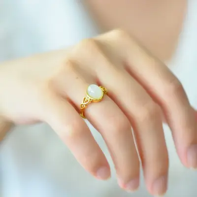 Copper Inlaid Hetian Jade White Jade Ring