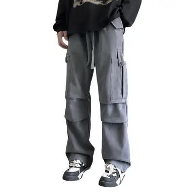 Men's Grey Loose Straight Cargo Pants Winter Casual Wear