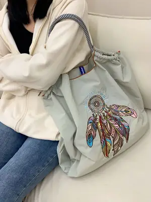 New Feather Embroidered Nylon Shopping Bag Large Capacity