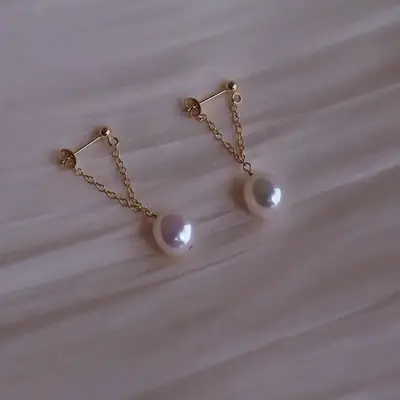 Silver Pearl Earrings Chain Long Freshwater Baroque Design