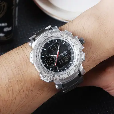 Men's Waterproof Digital Watch with Dual Display & Stainless Steel Band