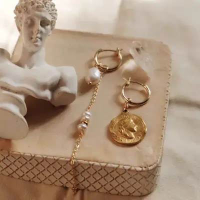 Retro Greek Copper Coins Pearl Earrings Set