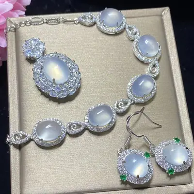 925 Silver Flower Earrings Set with Ice White Chalcedony