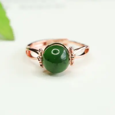 Green Jade Round Beads Ring for Women