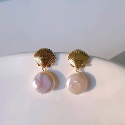 Gold Plated Pearl Earrings Button Style Flat Round Pearl
