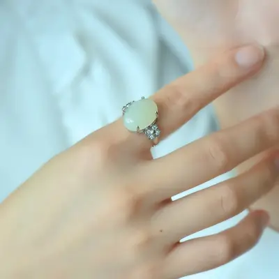 Copper Inlay Jade Egg Face Ring with Floral Design