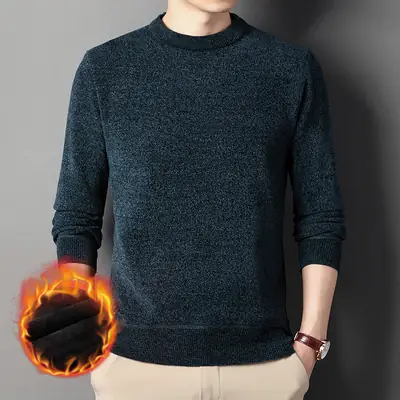 Men's Winter Velvet Knit Sweatshirt Dark Gray Round Neck