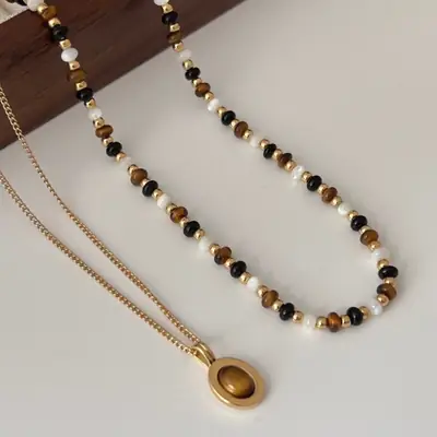 Tiger's Eye Necklace Women Gold Tiger Eye Stone Mother Shell Beaded