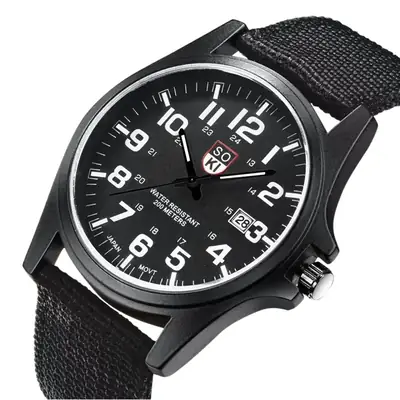 Men's Military Style Black Watch with Calendar & Nylon Strap