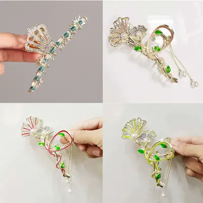 Gold Pearl Tassel Hairpin with Green Emerald Clips