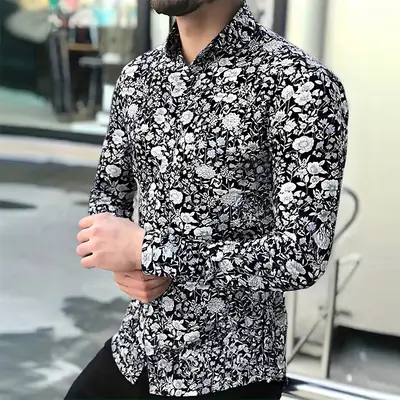 Men Printed Long Sleeve Shirt Extra Large Black White Floral