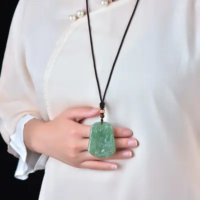Green Jade Landscape Pendant with Wooden Cord