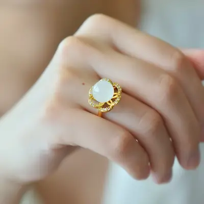 Copper Inlaid Hetian Jade White Jade Ring