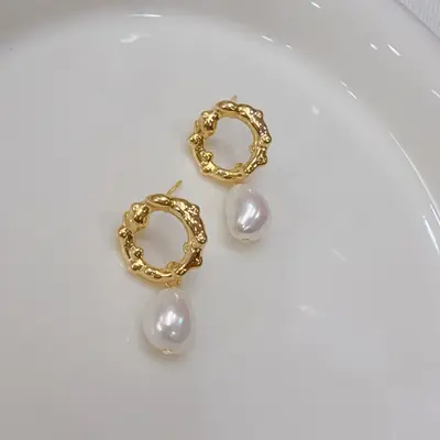 Gold Pearl Baroque Earrings for Women