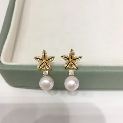 18K Gold Pearl Star Earrings for Women