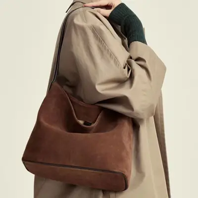 2024 New Bucket Bag Lazy Style Imitation Suede Tote Bag Retro Trendy Shoulder Bag Underarm Bag Large Capacity
