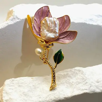 Natural Pearl Rose Brooch with Gold Finish