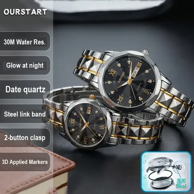 Men’s Two-Tone Quartz Watch – Dual Calendar, Luminous Hands