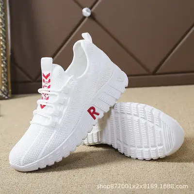 Women White Mesh Casual Sneakers with Red Logo
