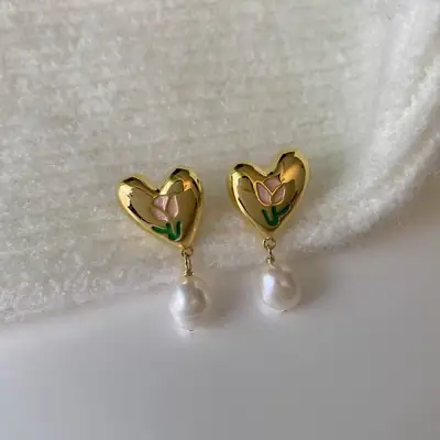 Love Tulip Pearl Earrings 925 Silver Women