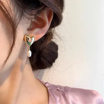 Heart Tulip Pearl Drop Earrings for Women