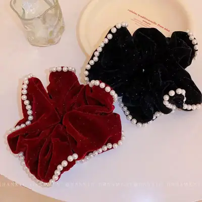 Black Velvet Pearl Hair Ring for Women