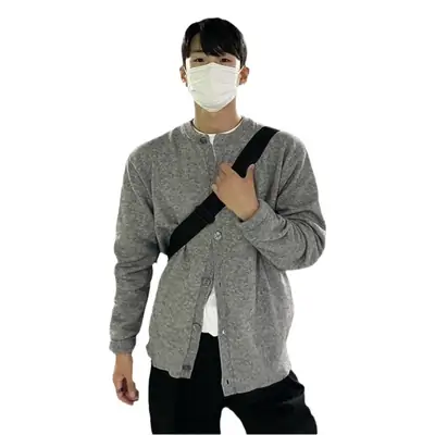 Winter Men's Grey Knitted Cardigan Coat with Black Strap
