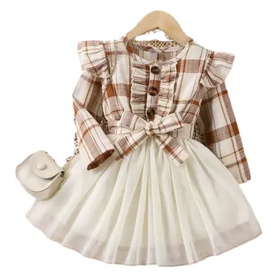 Girls Plaid Chiffon Dress with Belt & Skirt Set