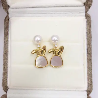 Zhuji Pearl Earrings for Women 18K Gold Filled Sea Mother Rabbit Design