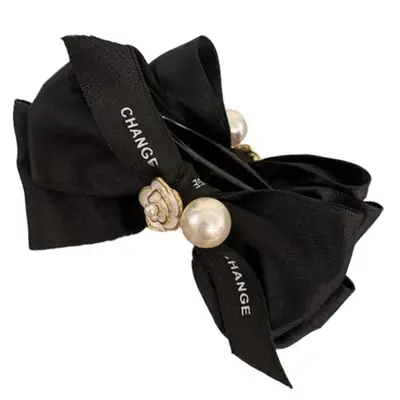Black Camellia Bow Hairpin with Pearl Button for Updo