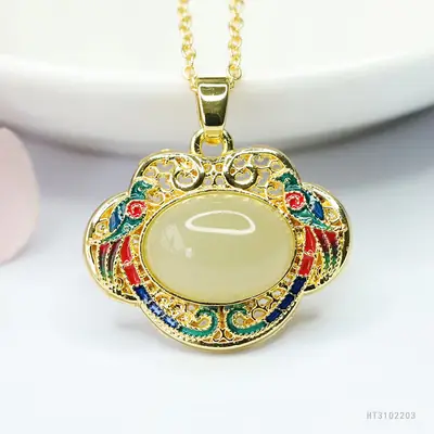 Guan Yu Hetian Jade Pendant Necklace with Enamel Design