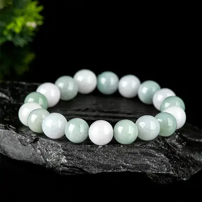 Natural Burma Jade Bead Bracelet 10mm Green White