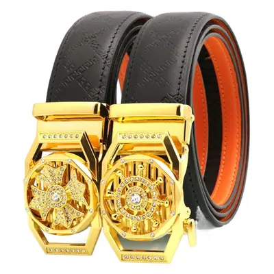 Men's Gold Mechanical Belt with Orange Leather Strap