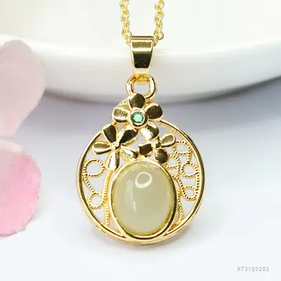 Guan Yu Hollow Flower Jade Necklace Gold