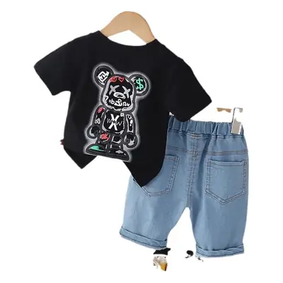 Girls Cotton Bear Print Shorts Set Summer Casual