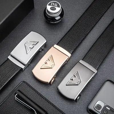 2021 Men's Leather Belt with Automatic Buckle & Gold Plated Design