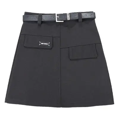 Black Korean Style Woolen Skirt with Belt